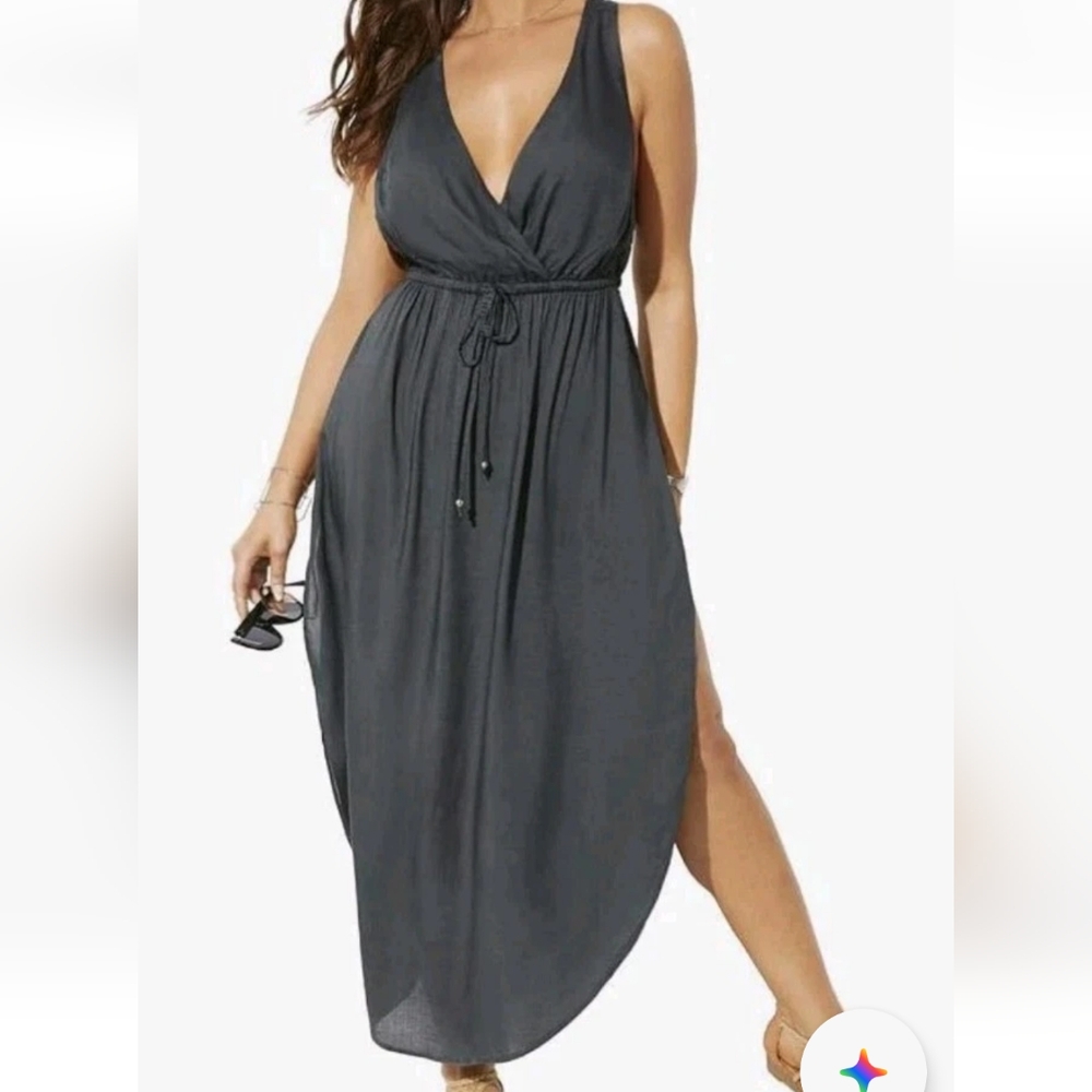 Swimsuits For All Cover-up Tenley Maxi Dress Woman 14/16W Black Side Slits Nwt